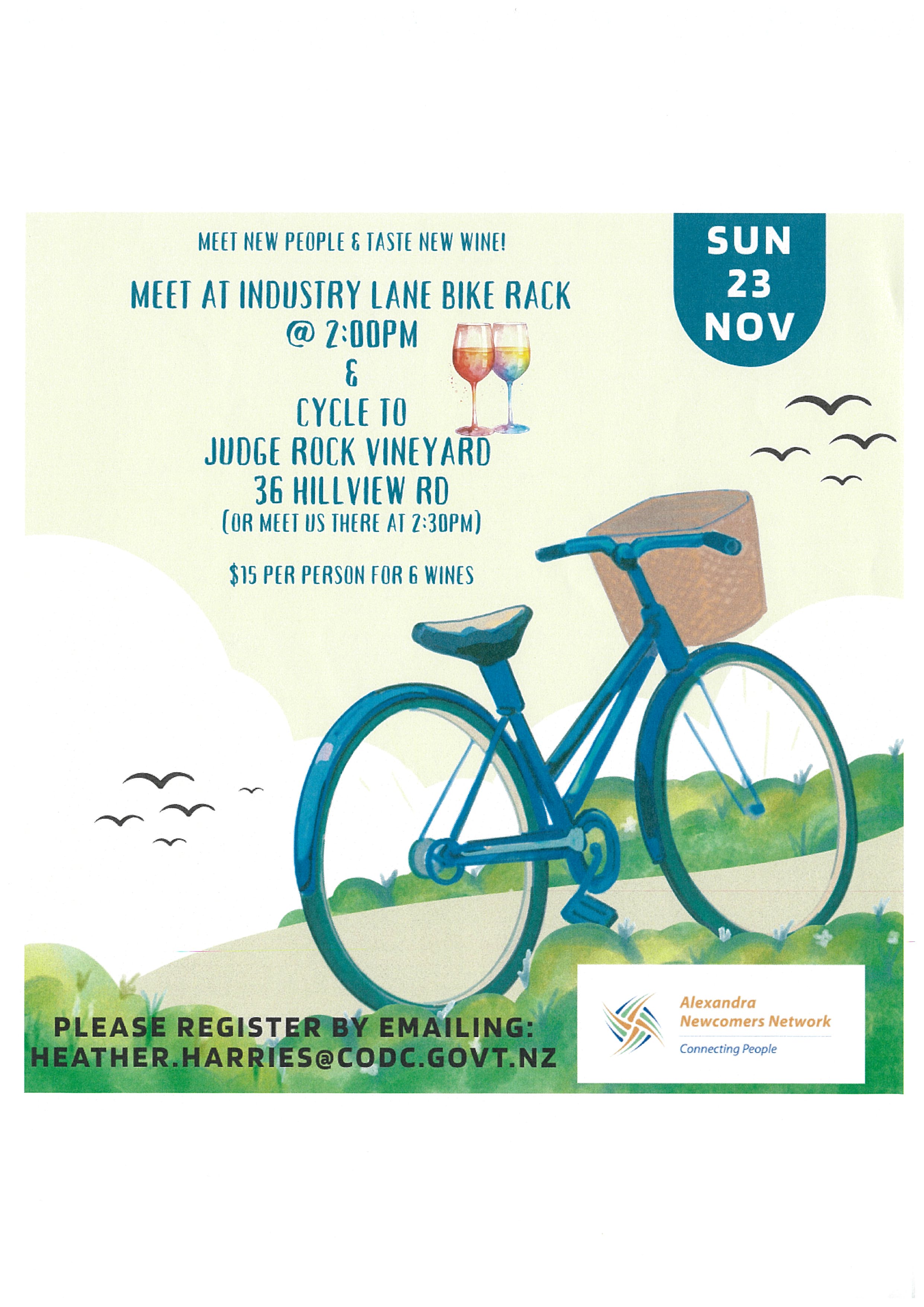 Events banner for Alexandra Newcomers Network Bike & Wine Tasting