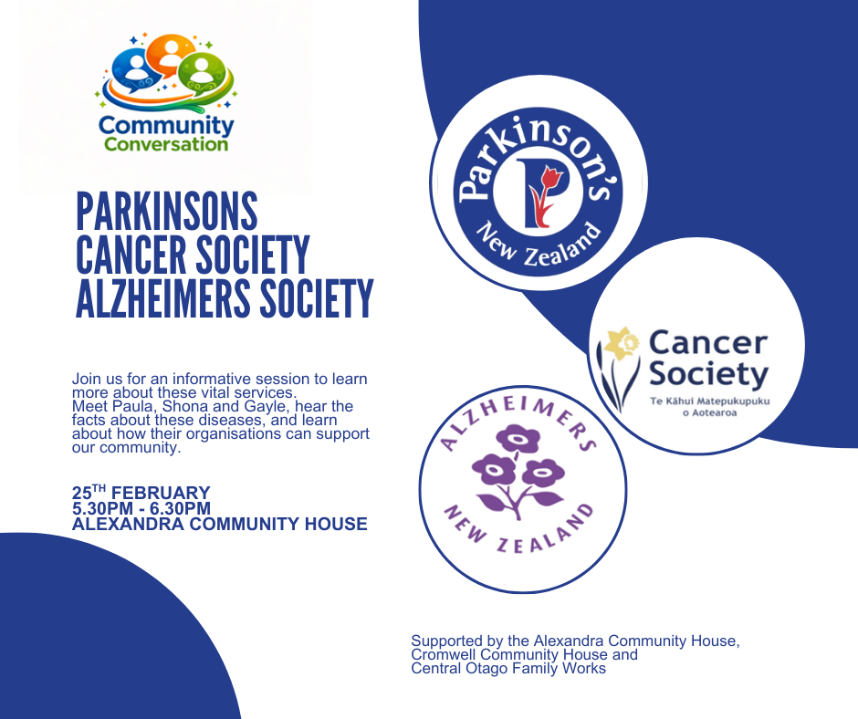 Events banner for Community Conversation - Parkinsons, Cancer Society & Alzheimers Society