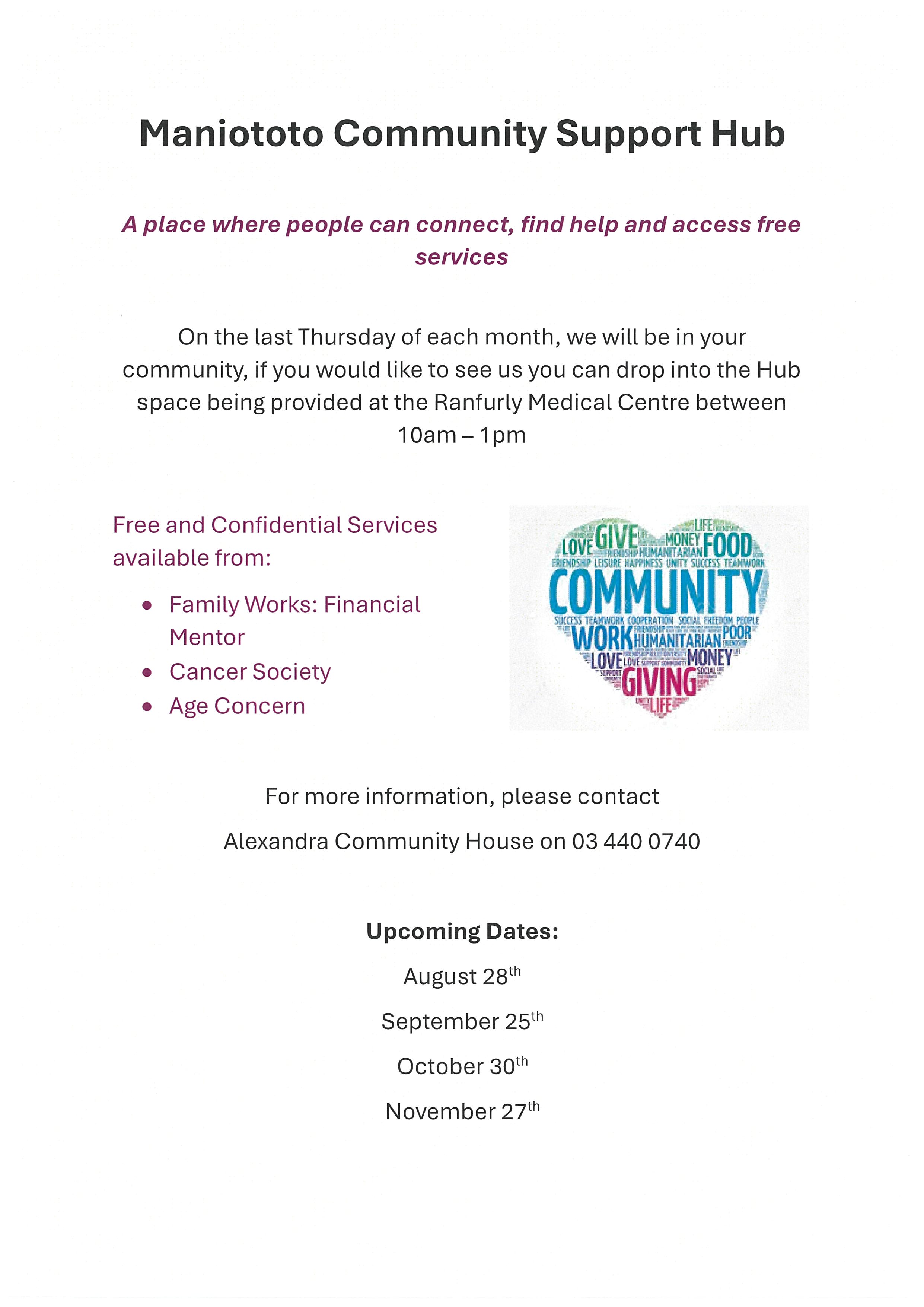 Events banner for Maniototo Community Support Hub