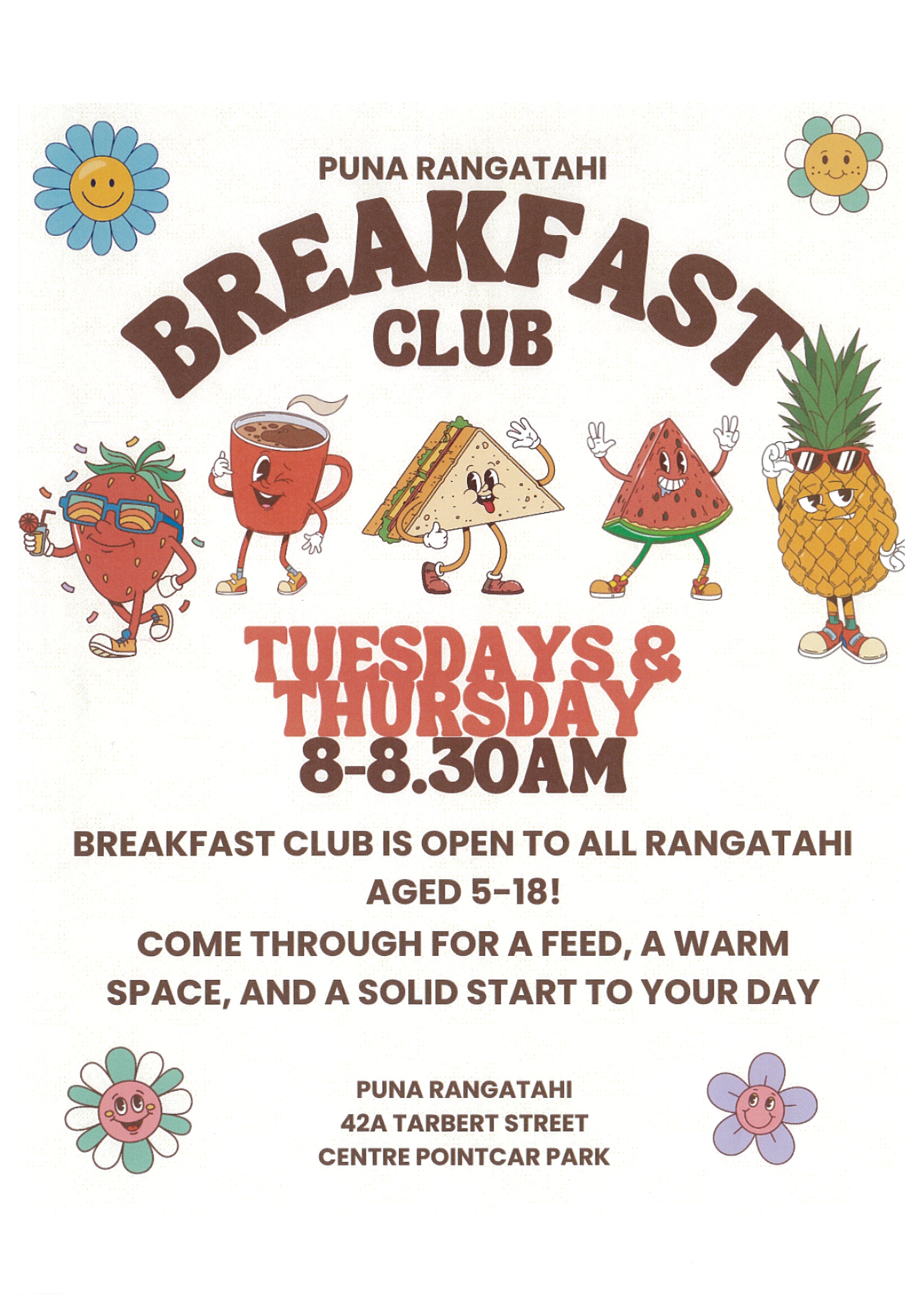 Events banner for Puna Rangatahi Breakfast Club