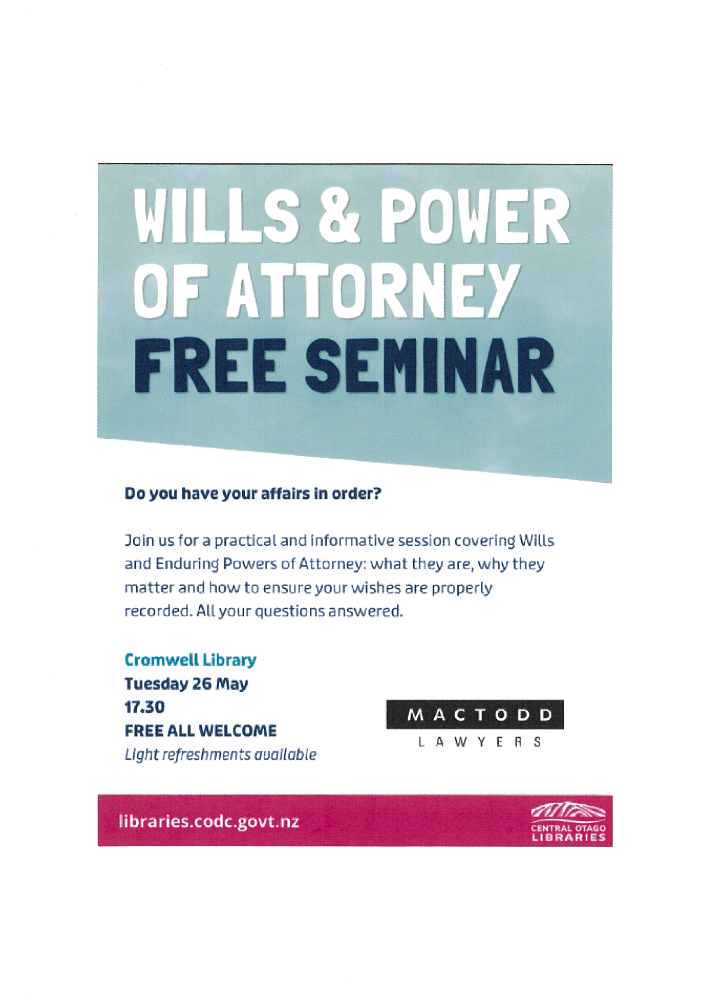 Events banner for Wills & Power of Attorney Free Seminar